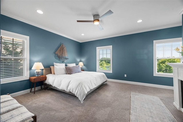 403 Cayuga Cir, Marshall, PA 16046 - bedroom featuring carpet flooring, crown molding, recessed lighting, a ceiling fan, and a fireplace with flush hearth