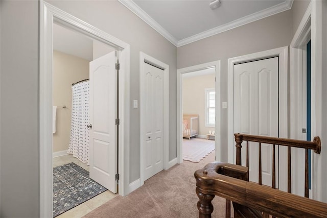 403 Cayuga Cir, Marshall, PA 16046 - hallway featuring ornamental molding and light carpet
