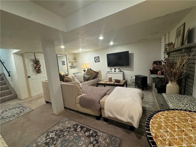 5301 Ranchview Dr, Baldwin Boro, PA 15236 - carpeted living room with stairway, a fireplace, and recessed lighting