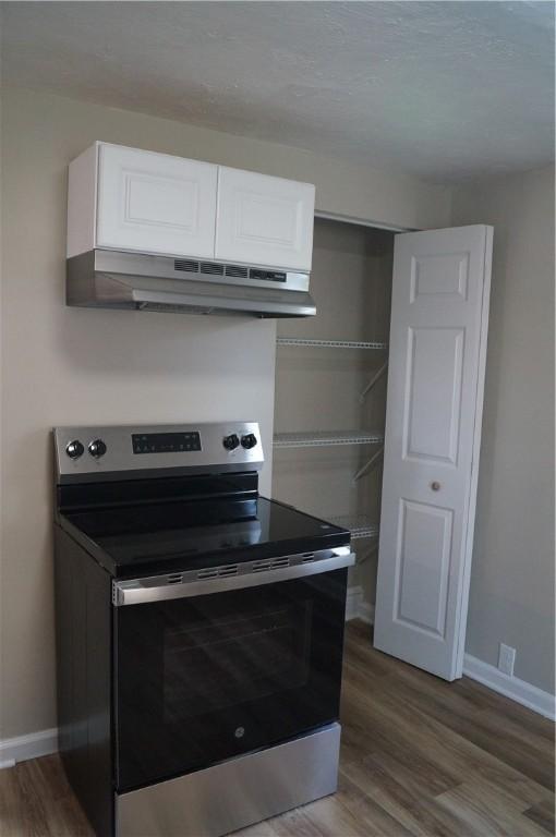 9 E Gaskill Ave, Jeannette, PA 15644 - kitchen featuring stainless steel range with electric cooktop, under cabinet range hood, white cabinetry, and wood finished floors