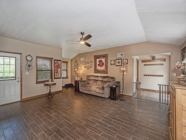 165 Monks Rd, Clinton Twp, PA 16056 - living room with vaulted ceiling, ceiling fan, and dark wood-style flooring