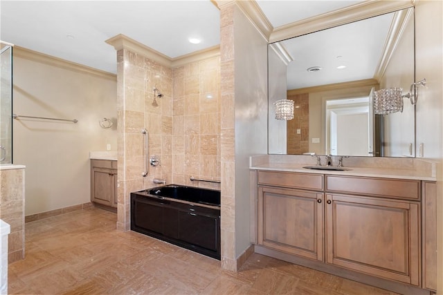 537 N Neville St Unit 6A, Shadyside, PA 15213 - bathroom with a tub to relax in, a tile shower, vanity, and ornamental molding