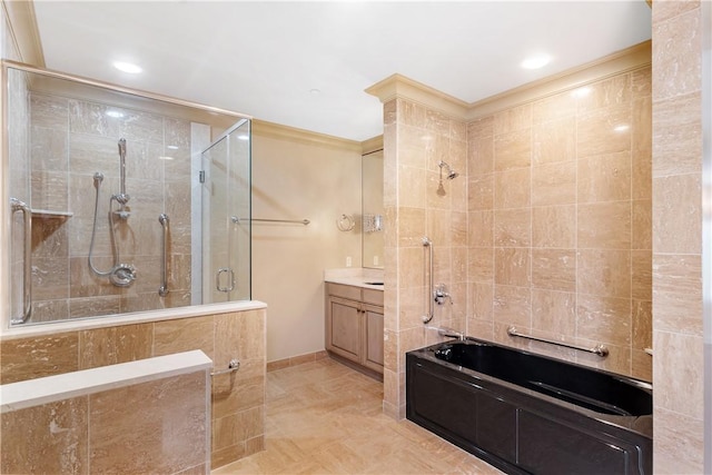 537 N Neville St Unit 6A, Shadyside, PA 15213 - full bath with a tile shower, vanity, a tub to relax in, and recessed lighting