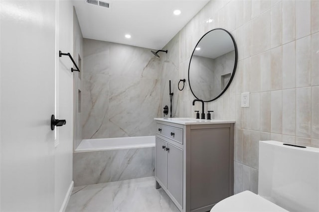 4736 Doyle Rd, Whitehall, PA 15227 - full bathroom featuring vanity, a combined bath / shower with marble appearance, tile walls, and recessed lighting