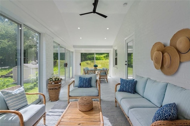 4736 Doyle Rd, Whitehall, PA 15227 - sunroom featuring outdoor lounge area, ceiling fan, recessed lighting, and high vaulted ceiling