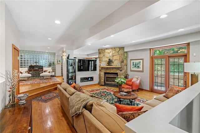 337 Fox Chapel Rd, Fox Chapel, PA 15238 - living room featuring a fireplace, wood finished floors, and recessed lighting