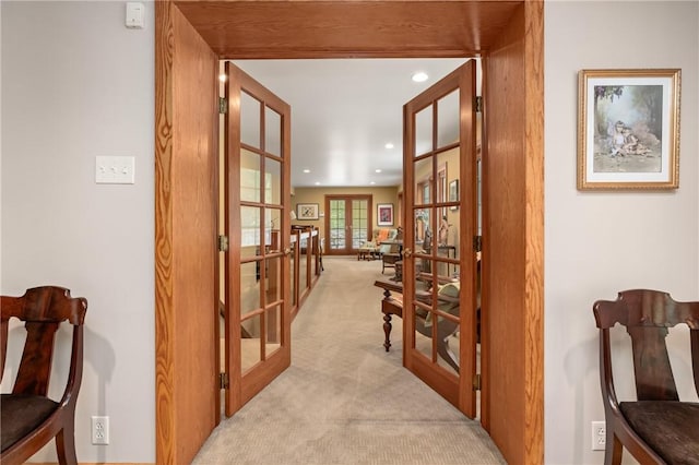 337 Fox Chapel Rd, Fox Chapel, PA 15238 - hallway featuring french doors, light colored carpet, and recessed lighting