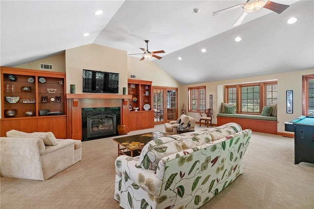 337 Fox Chapel Rd, Fox Chapel, PA 15238 - living area featuring a ceiling fan, carpet flooring, lofted ceiling, a glass covered fireplace, and recessed lighting
