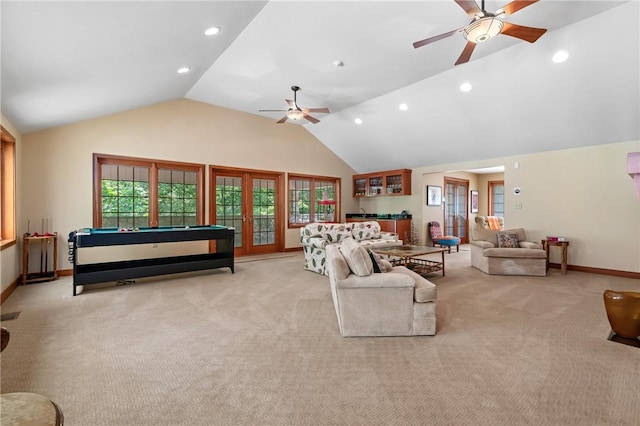 337 Fox Chapel Rd, Fox Chapel, PA 15238 - carpeted living area featuring a ceiling fan, recessed lighting, high vaulted ceiling, and pool table