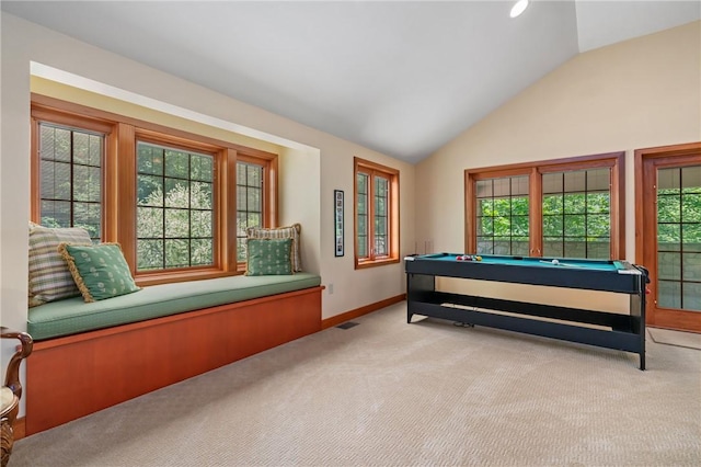 337 Fox Chapel Rd, Fox Chapel, PA 15238 - sitting room featuring carpet flooring, billiards table, and vaulted ceiling