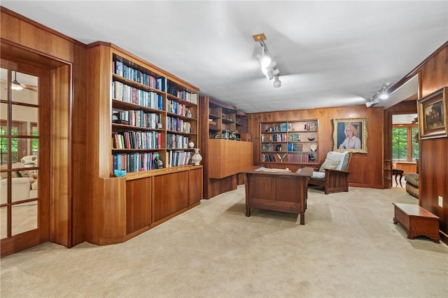 337 Fox Chapel Rd, Fox Chapel, PA 15238 - office area with wooden walls, carpet flooring, track lighting, and built in shelves