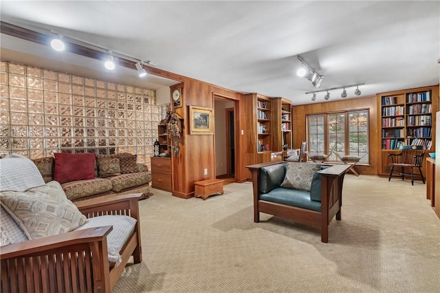 337 Fox Chapel Rd, Fox Chapel, PA 15238 - living area featuring rail lighting, light carpet, and wood walls