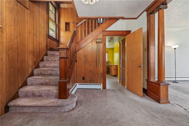 1518 Carlisle St, Natrona Hts/Harrison Twp, PA 15065 - stairs featuring carpet, a baseboard radiator, wood walls, and ornamental molding