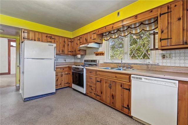 1518 Carlisle St, Natrona Hts/Harrison Twp, PA 15065 - kitchen featuring white appliances, light countertops, under cabinet range hood, decorative backsplash, and brown cabinets