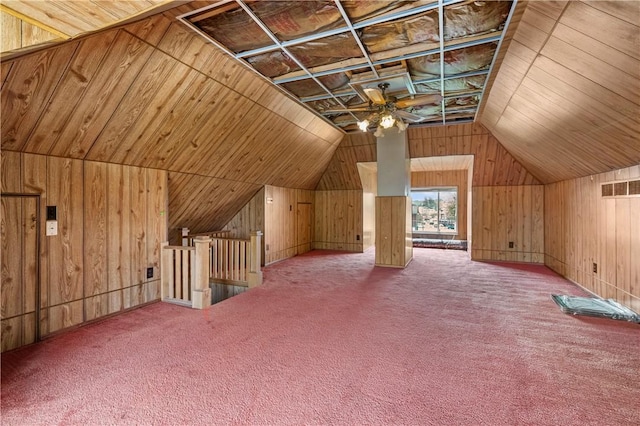 1518 Carlisle St, Natrona Hts/Harrison Twp, PA 15065 - additional living space featuring wood walls, lofted ceiling, a ceiling fan, and carpet