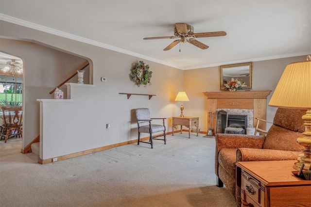 2509 Ridge Rd, Jefferson Hills, PA 15332 - living room with ceiling fan, stairway, light colored carpet, and crown molding