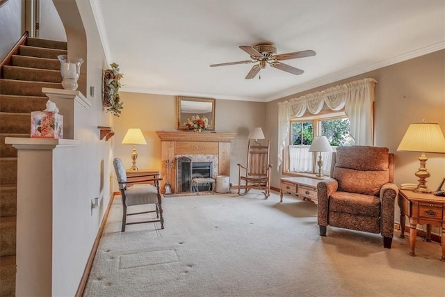 2509 Ridge Rd, Jefferson Hills, PA 15332 - living area with carpet flooring, a ceiling fan, a fireplace, crown molding, and stairs