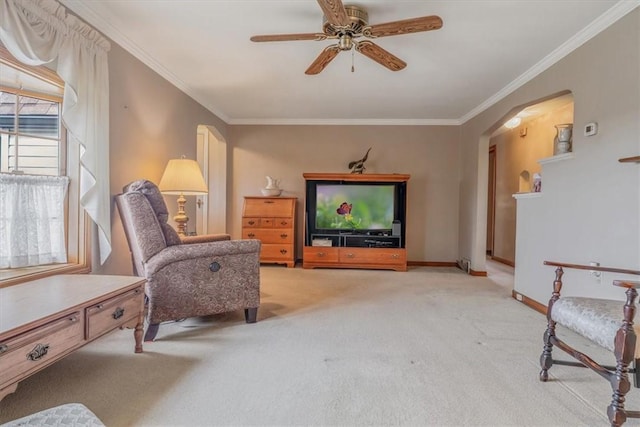 2509 Ridge Rd, Jefferson Hills, PA 15332 - living area with carpet, arched walkways, a ceiling fan, and crown molding