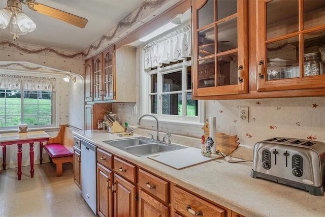 2509 Ridge Rd, Jefferson Hills, PA 15332 - kitchen with plenty of natural light, dishwasher, light countertops, a ceiling fan, and wallpapered walls