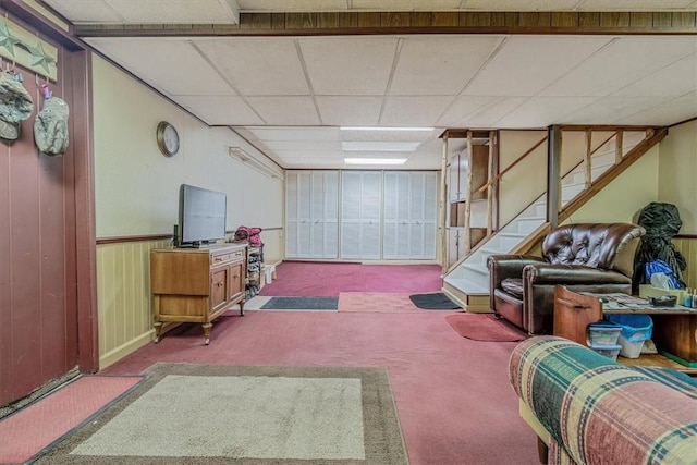 2509 Ridge Rd, Jefferson Hills, PA 15332 - interior space with carpet floors, a paneled ceiling, stairs, and wainscoting