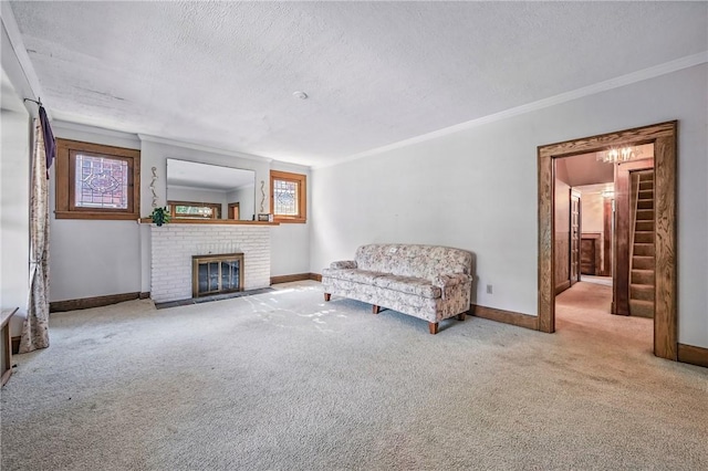 946 Alcoma St, Sharon, PA 16146 - sitting room featuring a textured ceiling, carpet floors, a fireplace, and ornamental molding