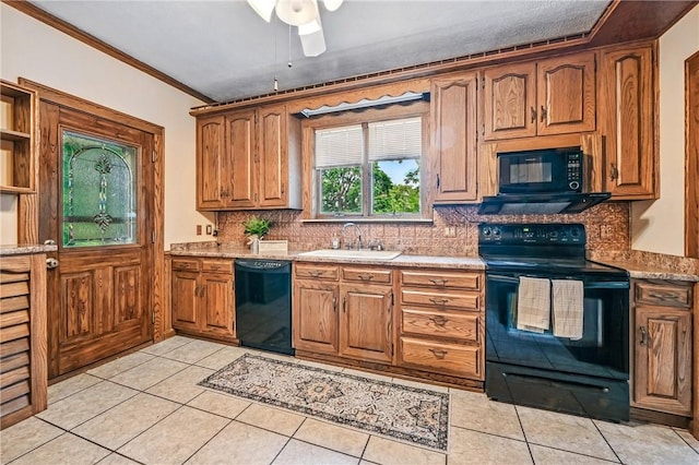 946 Alcoma St, Sharon, PA 16146 - kitchen with black appliances, crown molding, light tile patterned flooring, backsplash, and brown cabinetry