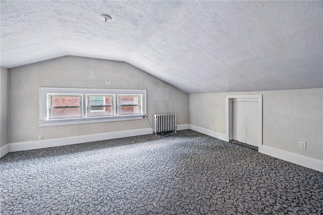 946 Alcoma St, Sharon, PA 16146 - additional living space featuring radiator heating unit, dark colored carpet, a textured ceiling, and lofted ceiling