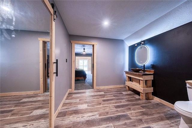 1060 Wattersonville Rd, Coolbaugh Twp, PA 16218 - bathroom featuring wood finished floors, vanity, and vaulted ceiling