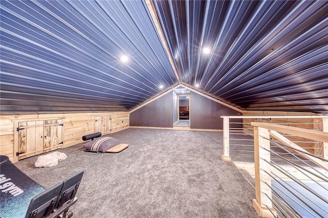 1060 Wattersonville Rd, Coolbaugh Twp, PA 16218 - carpeted cinema with vaulted ceiling, wood ceiling, and wooden walls