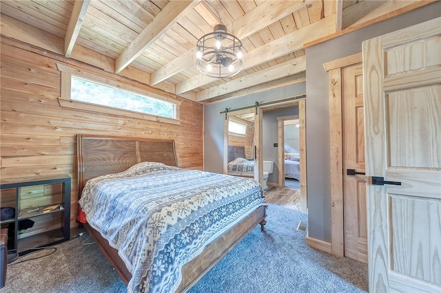 1060 Wattersonville Rd, Coolbaugh Twp, PA 16218 - bedroom featuring wooden walls, a wood ceiling with exposed beams, a barn door, and multiple windows