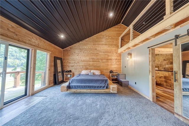 1060 Wattersonville Rd, Coolbaugh Twp, PA 16218 - carpeted bedroom featuring wood walls, access to outside, high vaulted ceiling, wooden ceiling, and recessed lighting