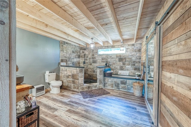 1060 Wattersonville Rd, Coolbaugh Twp, PA 16218 - full bath featuring a wood ceiling with exposed beams, wood finished floors, and tiled shower