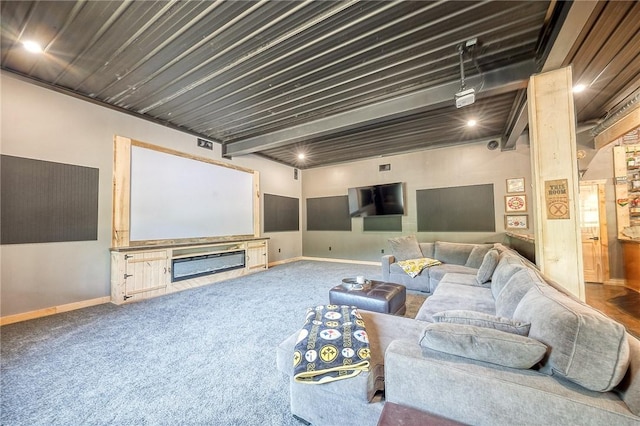 1060 Wattersonville Rd, Coolbaugh Twp, PA 16218 - home theater featuring carpet flooring and beam ceiling