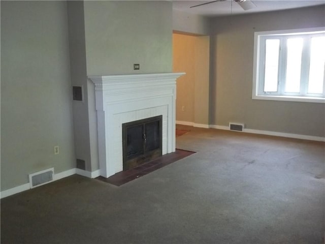 243 Byron Rd, Ross Twp, PA 15237 - unfurnished living room featuring a ceiling fan, carpet floors, and a fireplace with flush hearth