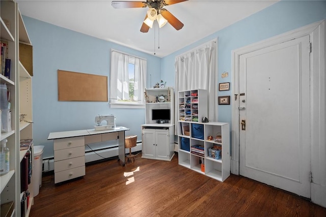 225 E Swissvale Ave Unit 2, Edgewood, PA 15218 - office area featuring dark wood-type flooring, a baseboard radiator, and a ceiling fan