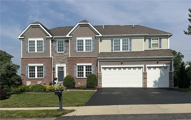 30 Trotter Ln, Findlay Twp, PA 15026 - view of front of house featuring asphalt driveway, a garage, a front yard, and stone siding