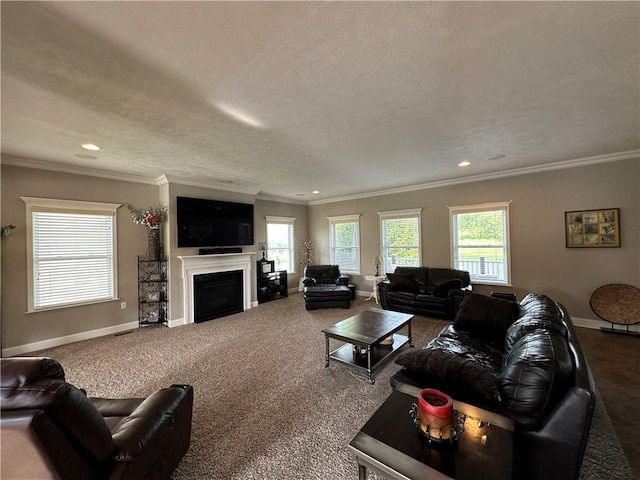 30 Trotter Ln, Findlay Twp, PA 15026 - carpeted living room with recessed lighting, a fireplace, ornamental molding, and a textured ceiling