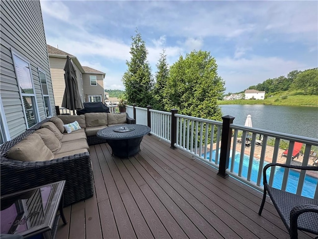 30 Trotter Ln, Findlay Twp, PA 15026 - wooden deck featuring an outdoor living space with a fire pit and a water view