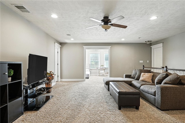 30 Trotter Ln, Findlay Twp, PA 15026 - living room with carpet, ceiling fan, a textured ceiling, and recessed lighting