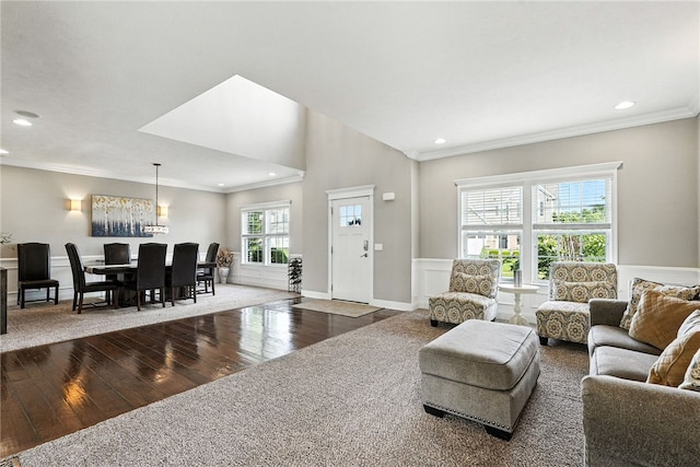 30 Trotter Ln, Findlay Twp, PA 15026 - living room featuring wood-type flooring, ornamental molding, recessed lighting, and a chandelier