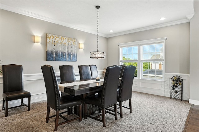 30 Trotter Ln, Findlay Twp, PA 15026 - dining space featuring crown molding, wainscoting, recessed lighting, a chandelier, and wood finished floors