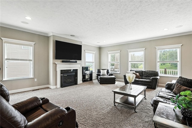 30 Trotter Ln, Findlay Twp, PA 15026 - carpeted living room with ornamental molding, a glass covered fireplace, recessed lighting, and a textured ceiling