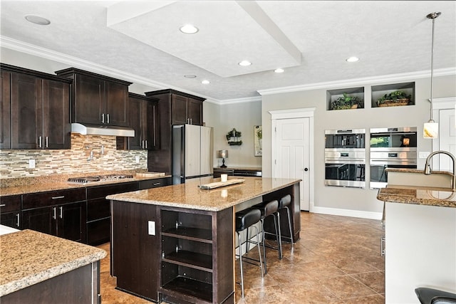 30 Trotter Ln, Findlay Twp, PA 15026 - kitchen with stainless steel appliances, ornamental molding, a kitchen island, a kitchen bar, and under cabinet range hood
