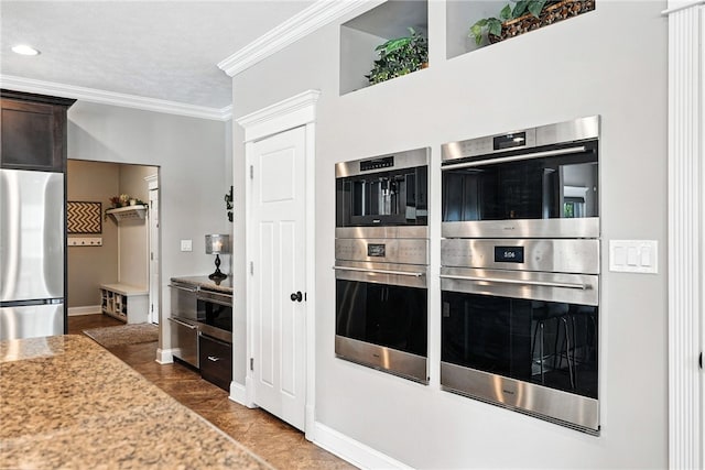 30 Trotter Ln, Findlay Twp, PA 15026 - kitchen featuring appliances with stainless steel finishes, crown molding, dark brown cabinetry, light stone counters, and recessed lighting