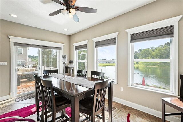 30 Trotter Ln, Findlay Twp, PA 15026 - dining area with ceiling fan, a water view, light tile patterned floors, and recessed lighting