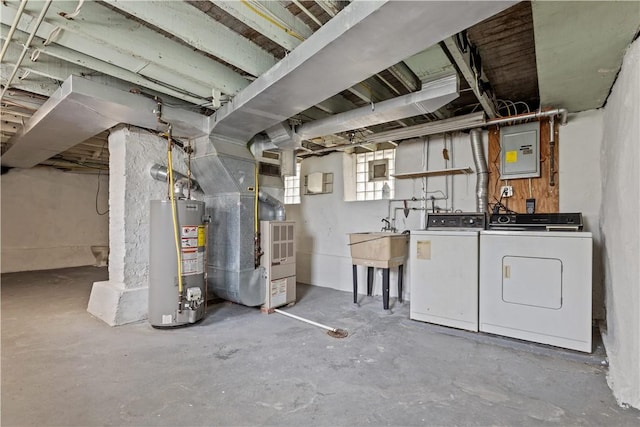 4506 Bowes Ave, West Mifflin, PA 15122 - basement featuring gas water heater, electric panel, washing machine and dryer, and heating unit