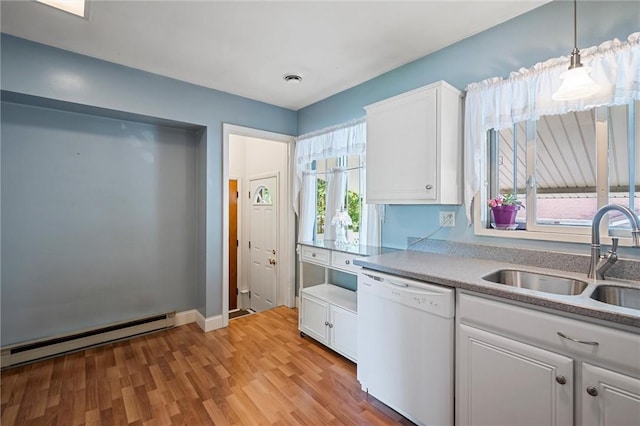 2485 Victoria Dr, Hermitage, PA 16148 - kitchen with dishwasher, a baseboard radiator, white cabinetry, light wood-style flooring, and light countertops
