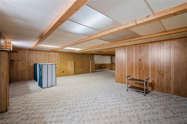2485 Victoria Dr, Hermitage, PA 16148 - finished basement with a baseboard heating unit, carpet flooring, and wooden walls