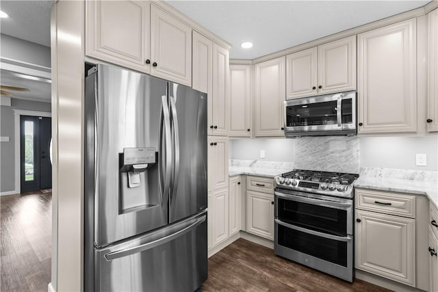 710 Duncan Ave, City Of Washington, PA 15301 - kitchen with appliances with stainless steel finishes, dark wood-type flooring, recessed lighting, and light stone counters