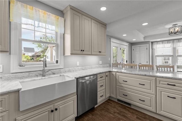 710 Duncan Ave, City Of Washington, PA 15301 - kitchen with stainless steel dishwasher, recessed lighting, light stone counters, dark wood-type flooring, and a chandelier